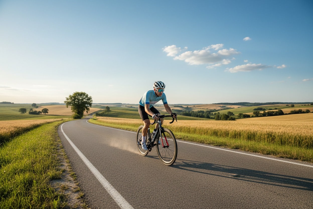 En cykelrytter i lyseblå trøje og hvid hjelm kører på landevej gennem et kuperet landskab med gule marker.